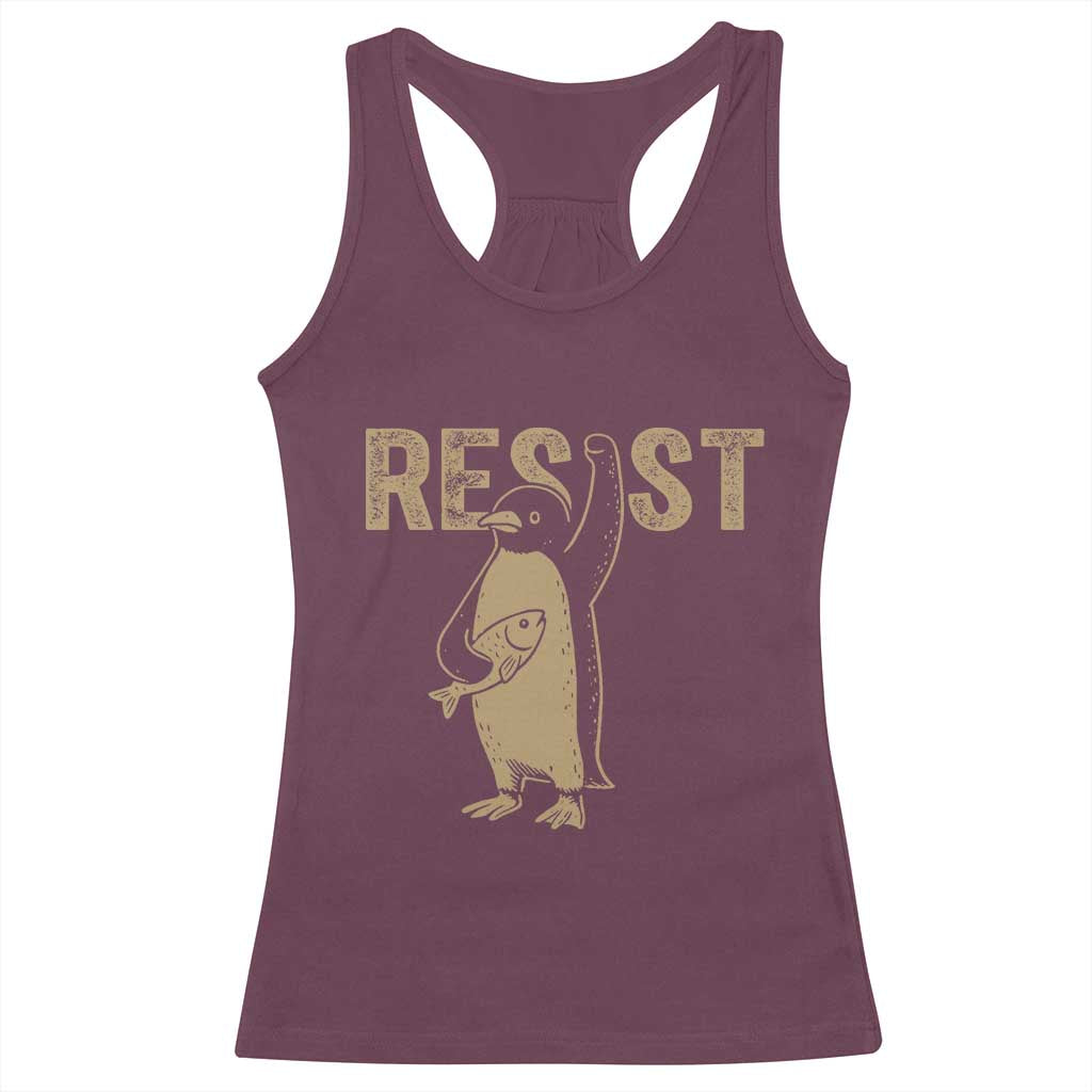 Funny Penguin Resist Racerback Tank Top Against Tariffs Activism Vintage