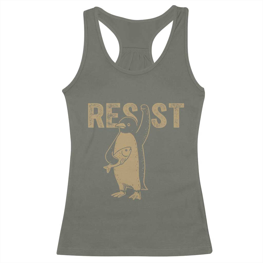 Funny Penguin Resist Racerback Tank Top Against Tariffs Activism Vintage