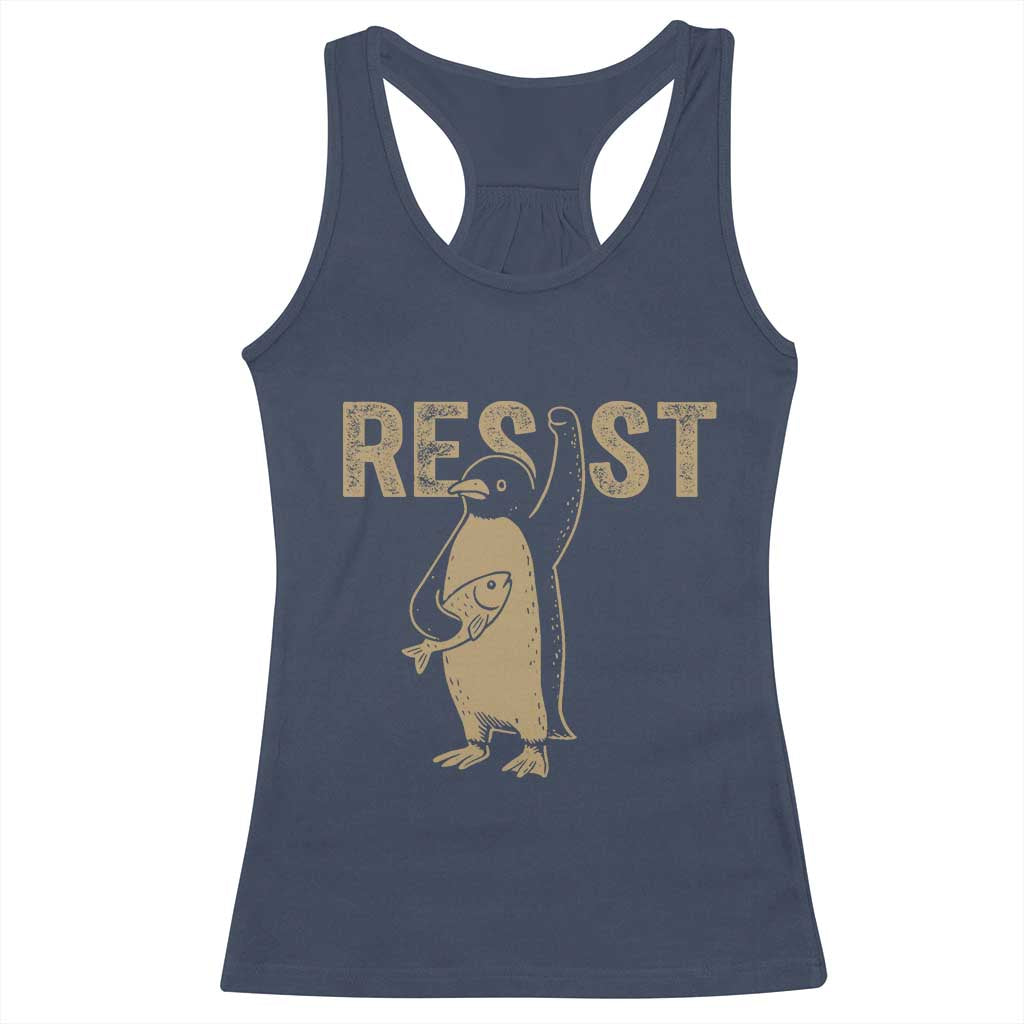 Funny Penguin Resist Racerback Tank Top Against Tariffs Activism Vintage