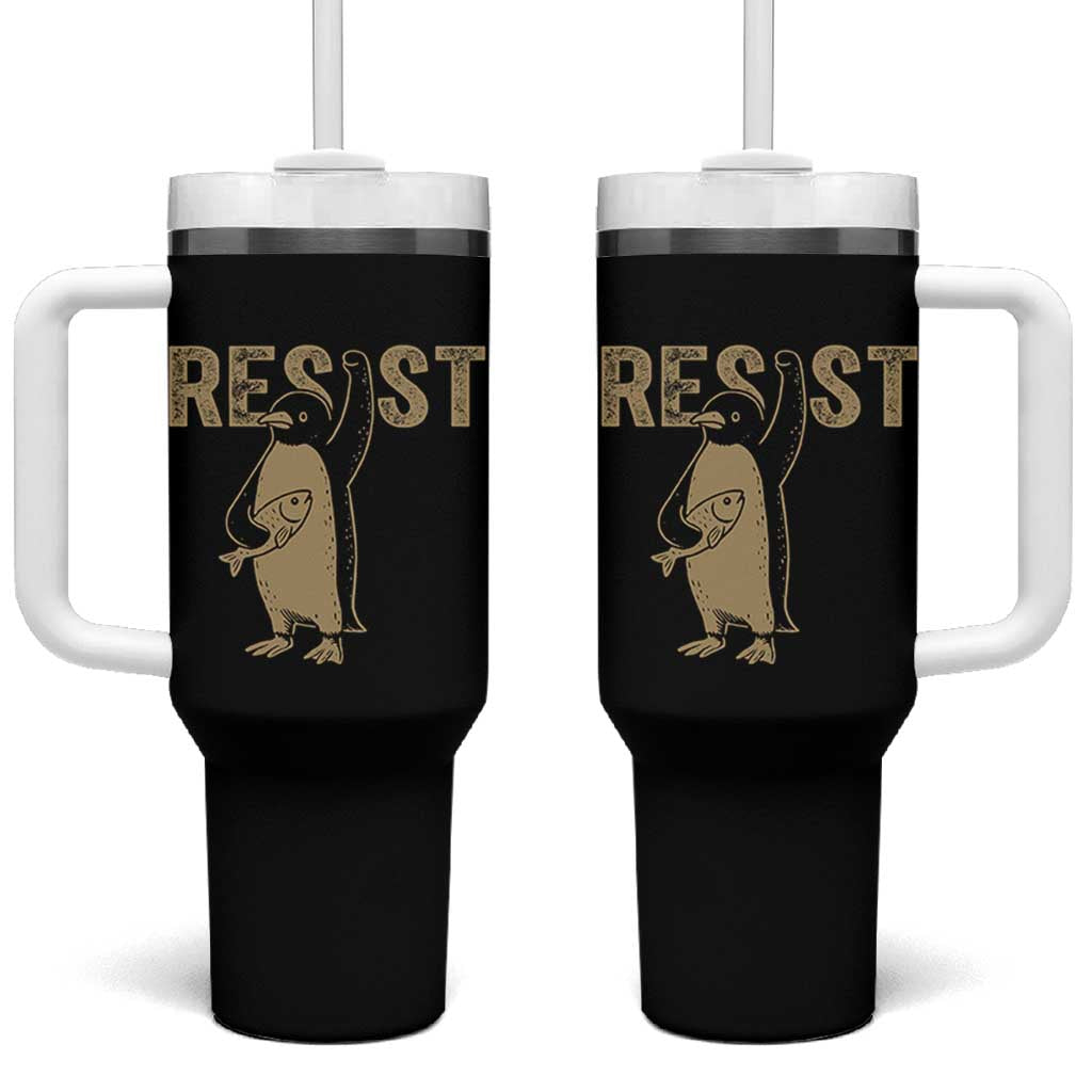 Funny Penguin Resist Tumbler With Handle Against Tariffs Activism Vintage