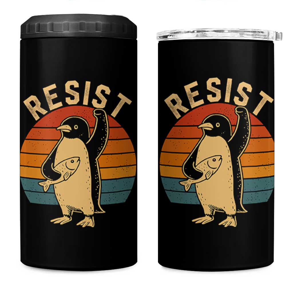 Funny Penguin Resist 4 in 1 Can Cooler Tumbler Against Tariffs Retro Vintage