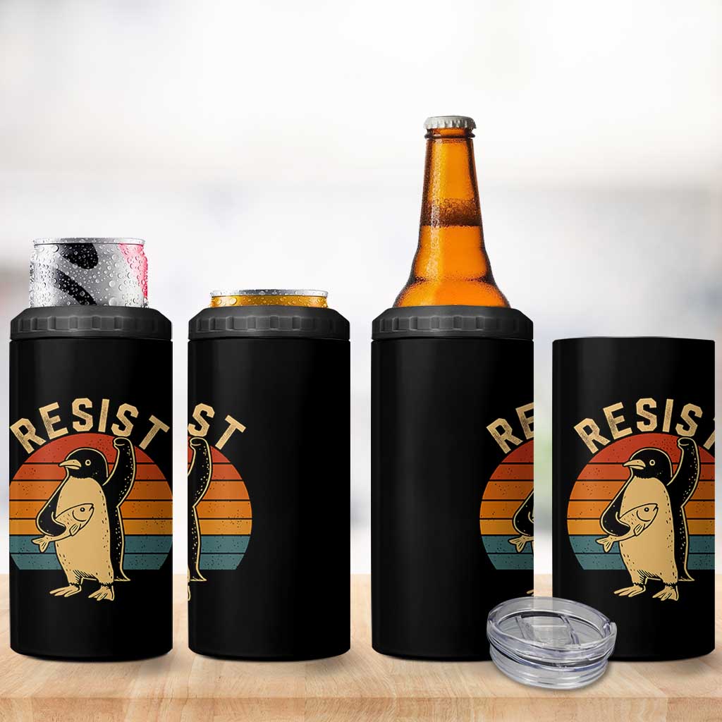 Funny Penguin Resist 4 in 1 Can Cooler Tumbler Against Tariffs Retro Vintage