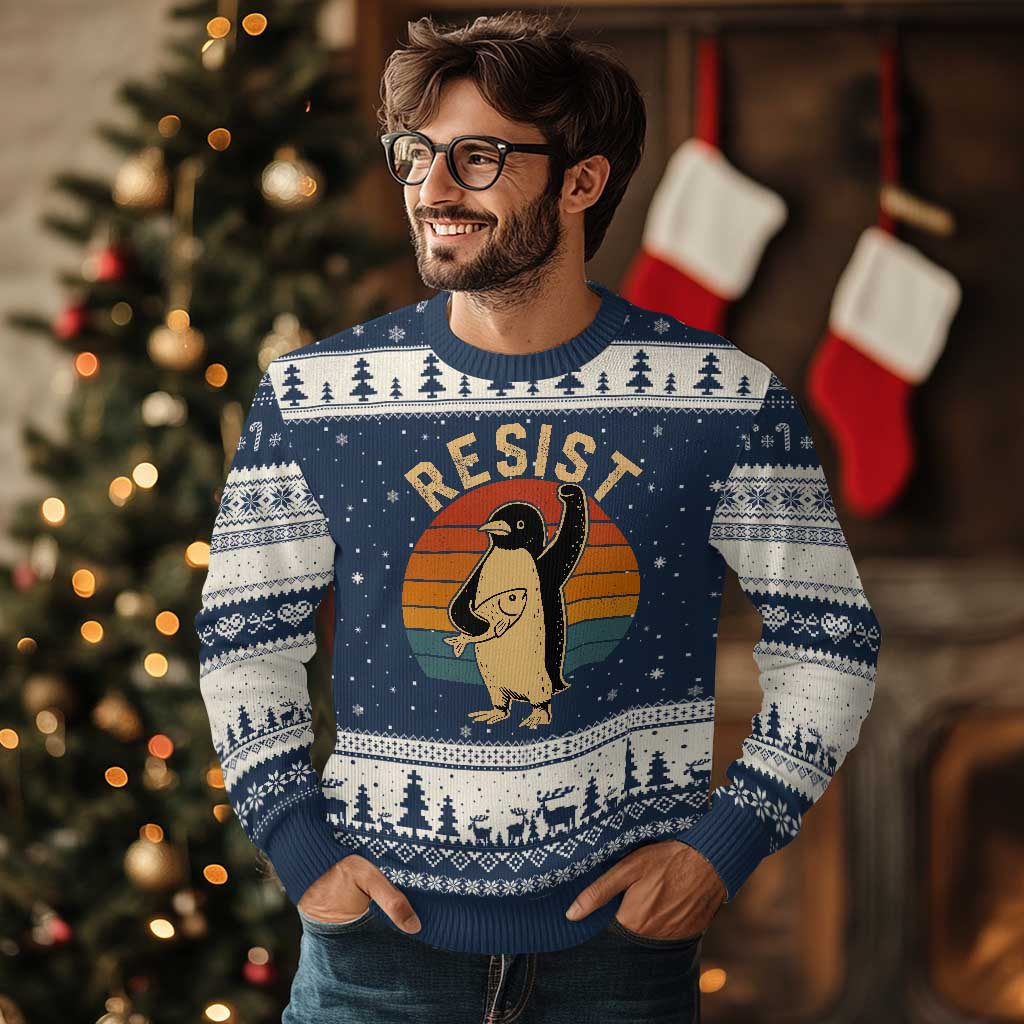Funny Penguin Resist Ugly Christmas Sweater Against Tariffs Retro Vintage - Wonder Print Shop