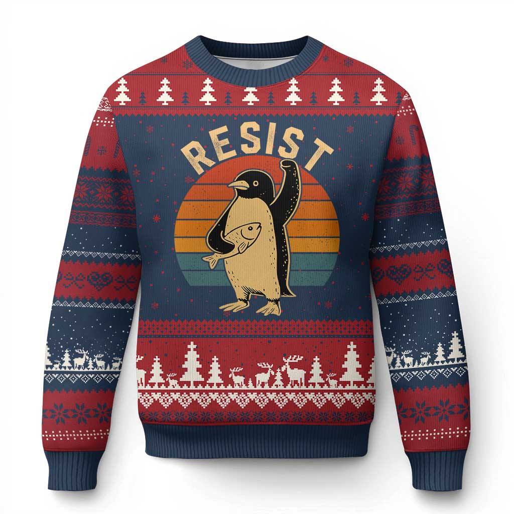 Funny Penguin Resist Ugly Christmas Sweater Against Tariffs Retro Vintage - Wonder Print Shop