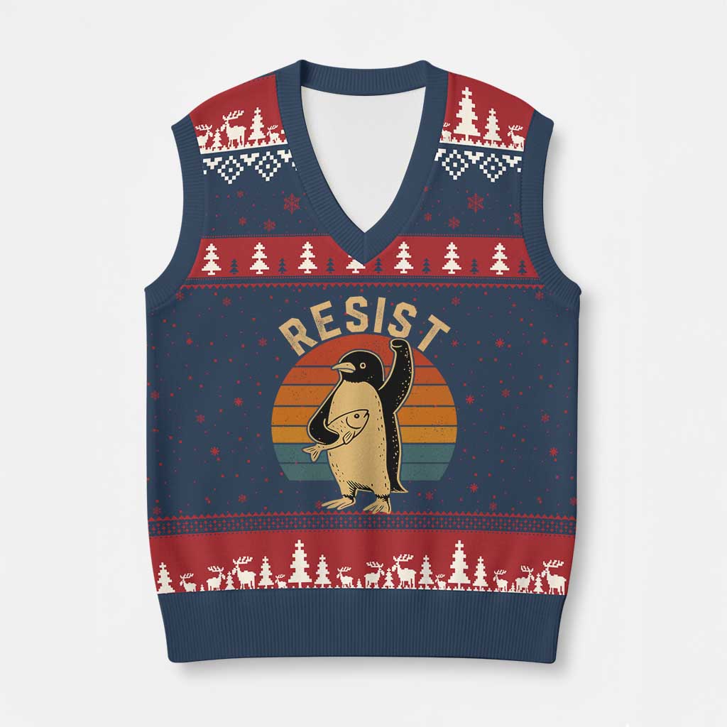 Funny Penguin Resist V-Neck Knit Sweater Vest Against Tariffs Retro Vintage - Wonder Print Shop
