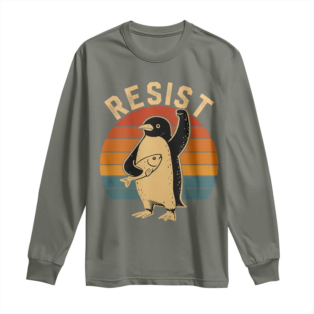 Funny Penguin Resist Long Sleeve Shirt Against Tariffs Retro Vintage