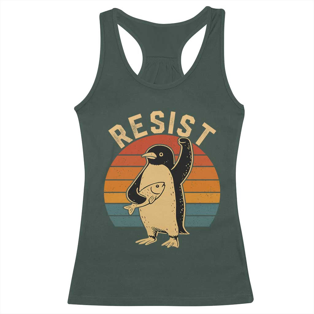Funny Penguin Resist Racerback Tank Top Against Tariffs Retro Vintage