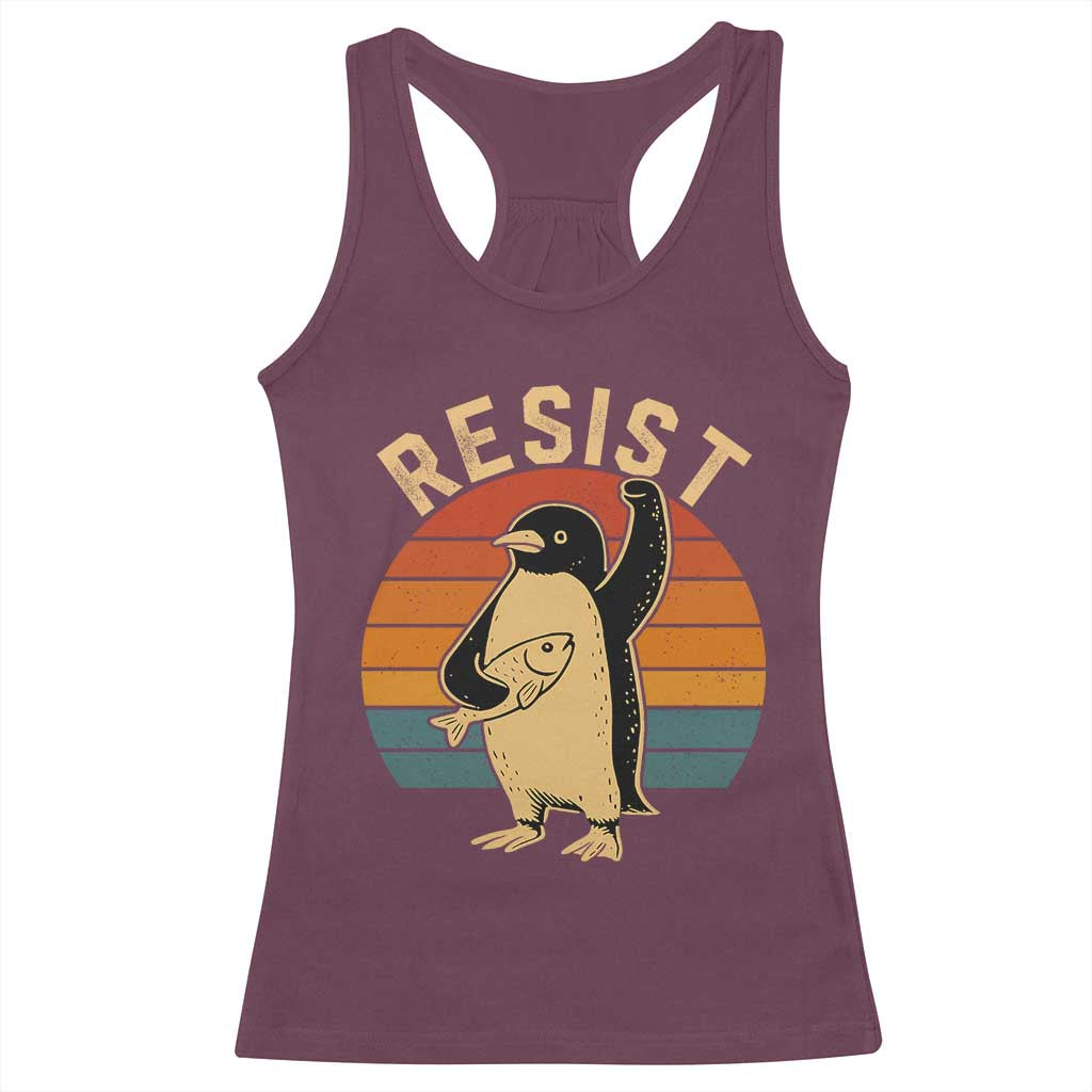Funny Penguin Resist Racerback Tank Top Against Tariffs Retro Vintage