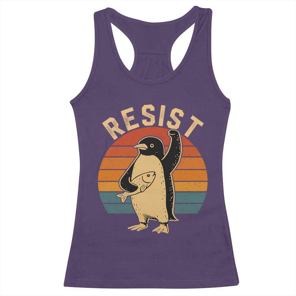 Funny Penguin Resist Racerback Tank Top Against Tariffs Retro Vintage