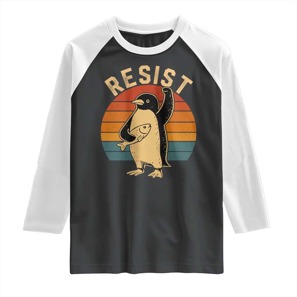 Funny Penguin Resist Raglan Shirt Against Tariffs Retro Vintage