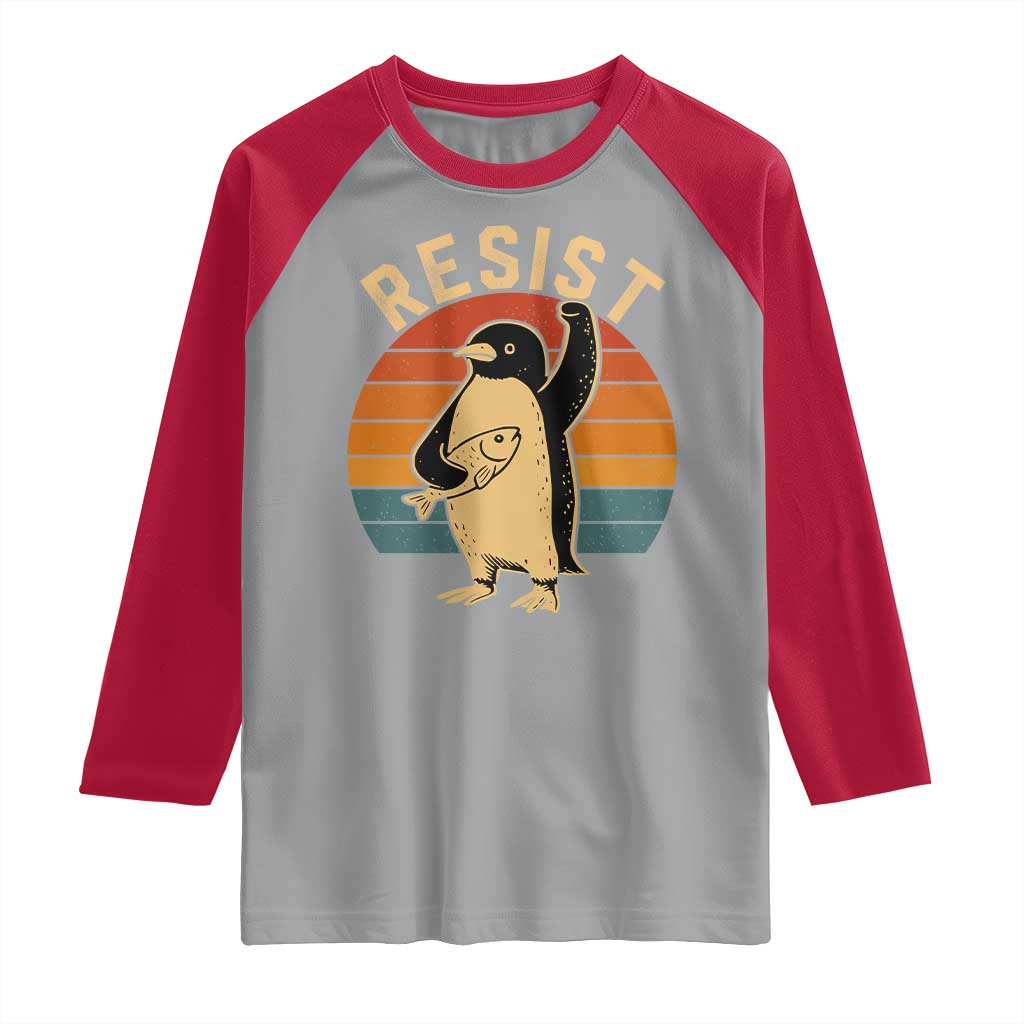Funny Penguin Resist Raglan Shirt Against Tariffs Retro Vintage