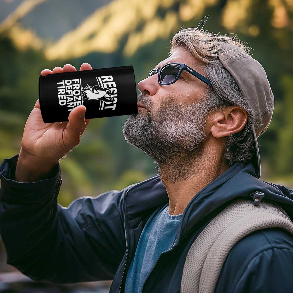 Funny Penguin Resist 4 in 1 Can Cooler Tumbler Frozen Defiant Tired FDT Activism