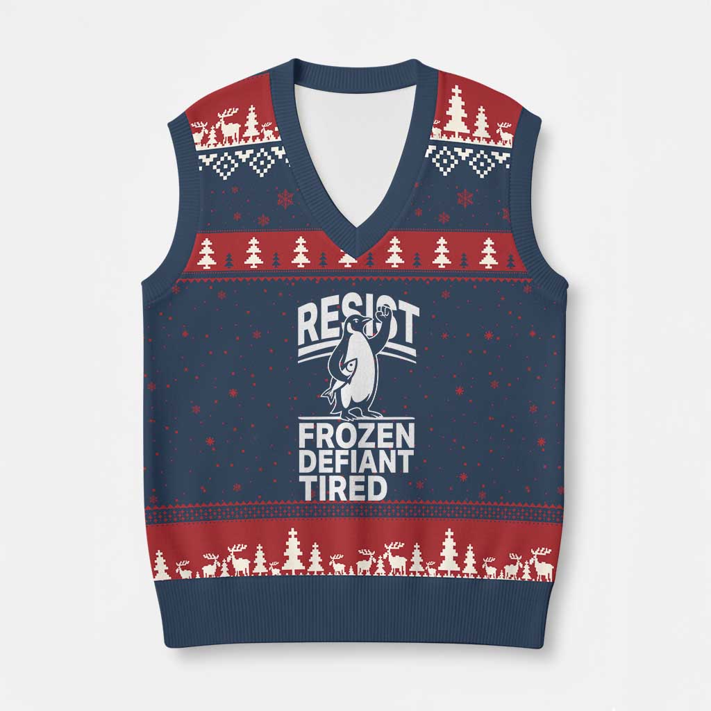 Funny Penguin Resist V-Neck Knit Sweater Vest Frozen Defiant Tired FDT Activism - Wonder Print Shop