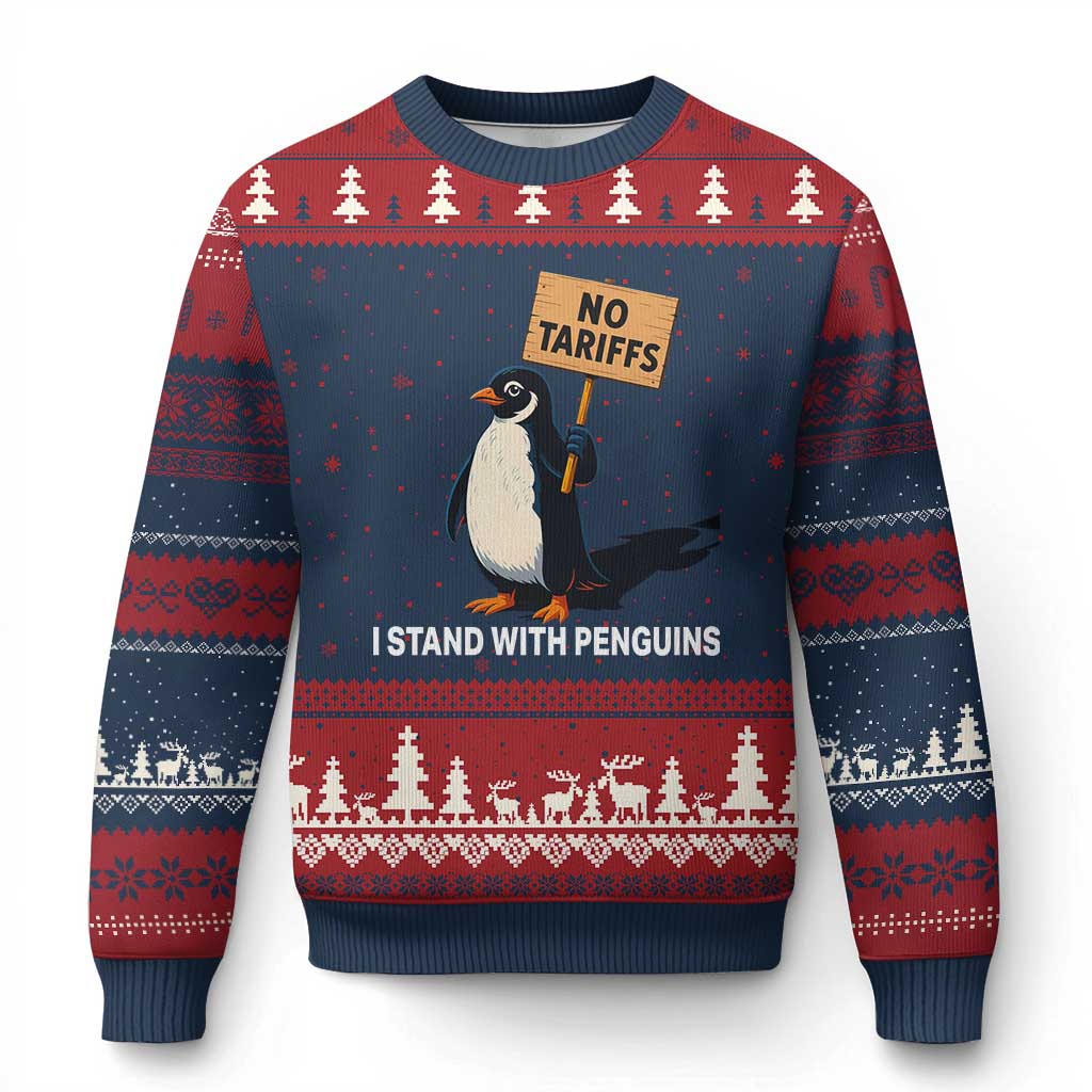 Funny Penguin Resist Ugly Christmas Sweater No Tariffs I Stand With Penguins - Wonder Print Shop