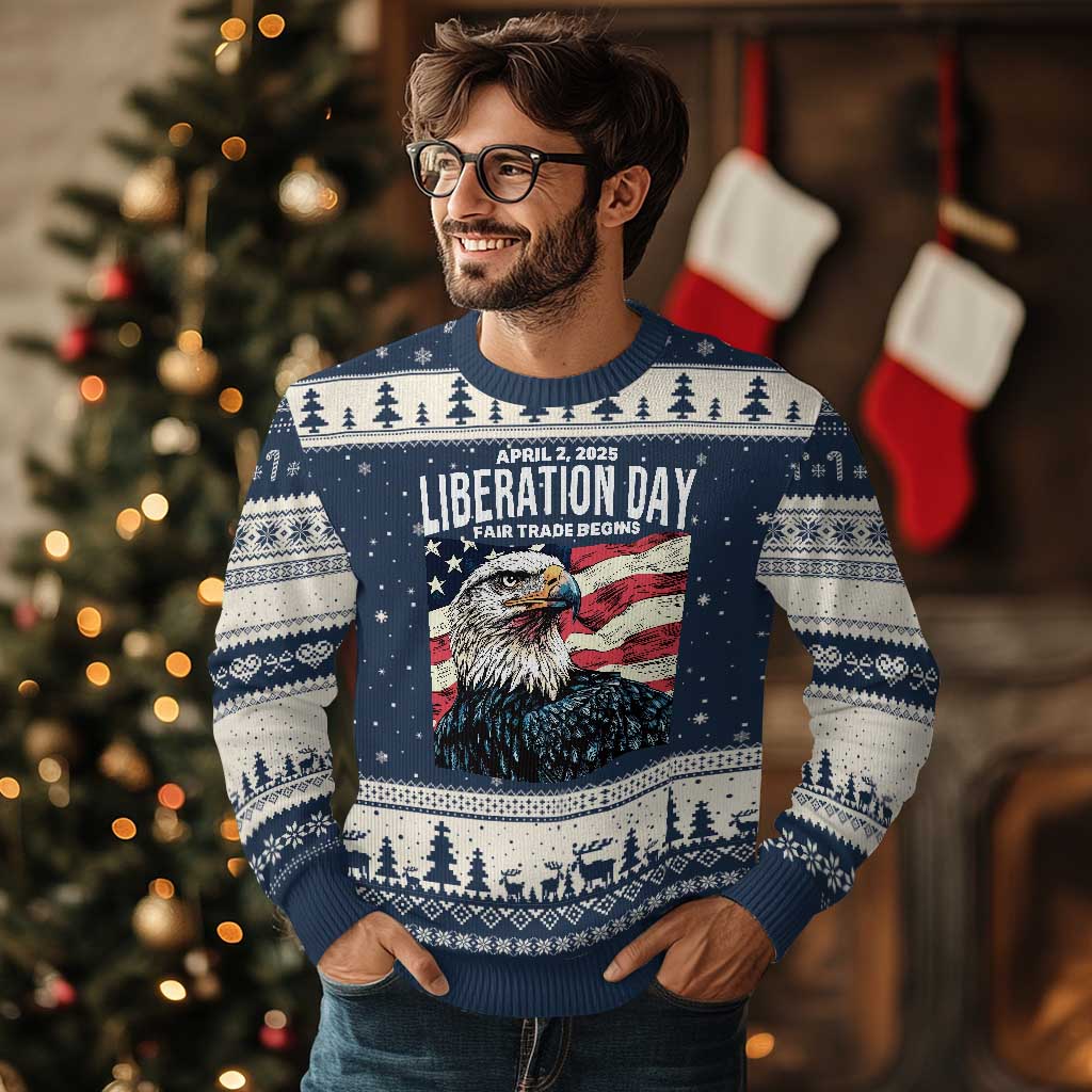 Liberation Day April 2 2025 Ugly Christmas Sweater Fair Trade Patriotic American Eagle USA Flag - Wonder Print Shop