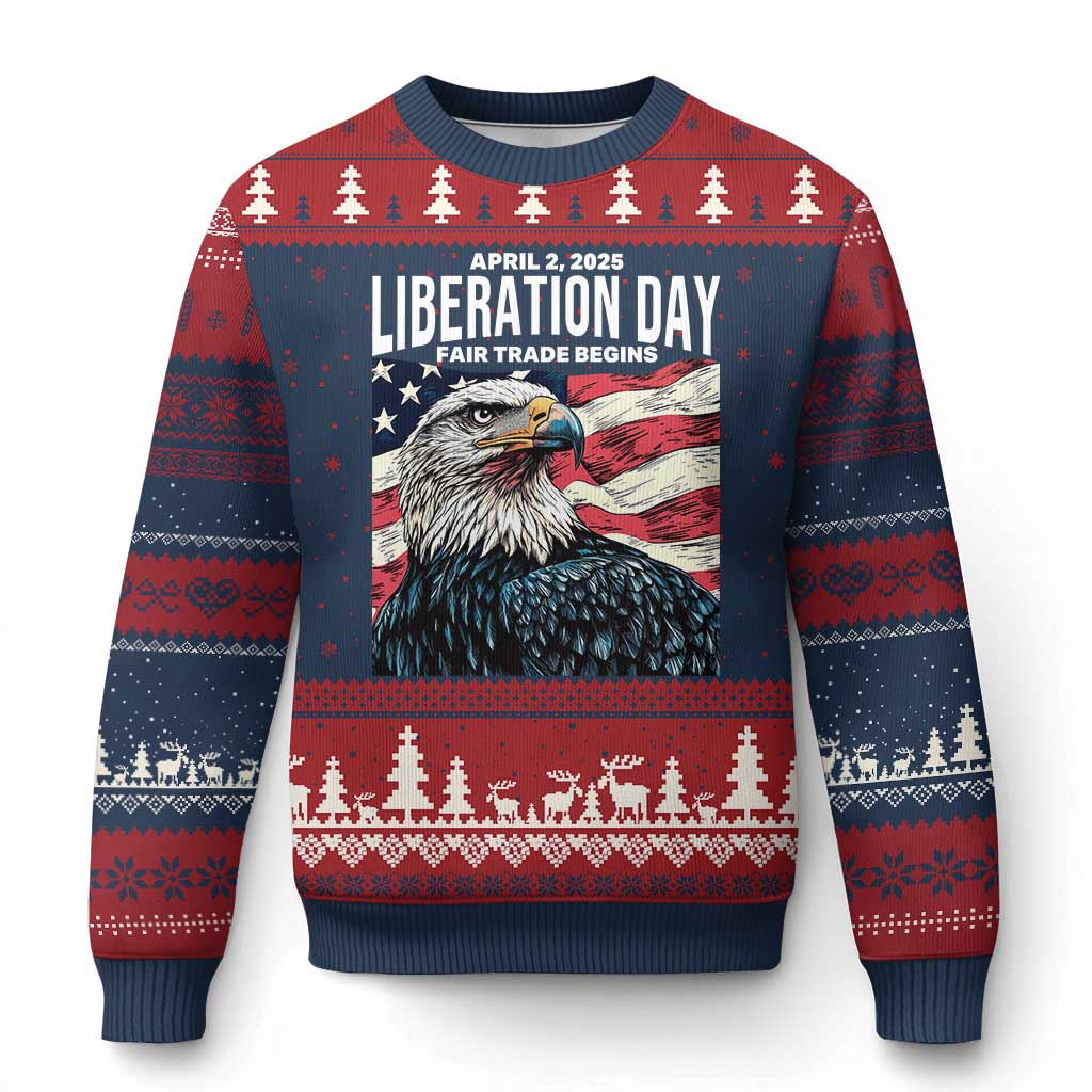 Liberation Day April 2 2025 Ugly Christmas Sweater Fair Trade Patriotic American Eagle USA Flag - Wonder Print Shop