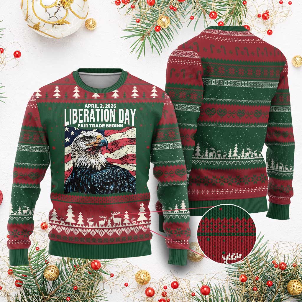 Liberation Day April 2 2025 Ugly Christmas Sweater Fair Trade Patriotic American Eagle USA Flag - Wonder Print Shop