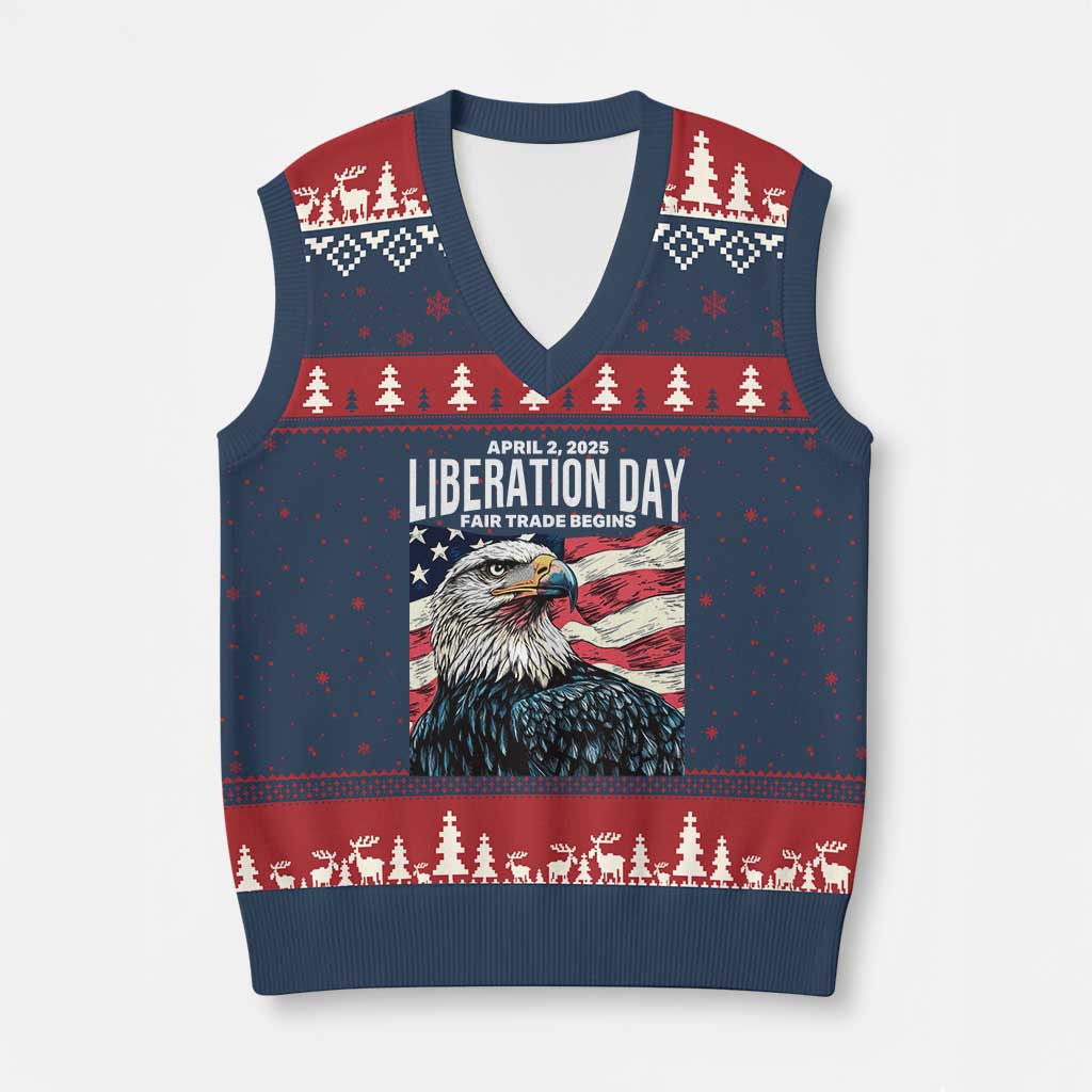 Liberation Day April 2 2025 V-Neck Knit Sweater Vest Fair Trade Patriotic American Eagle USA Flag - Wonder Print Shop