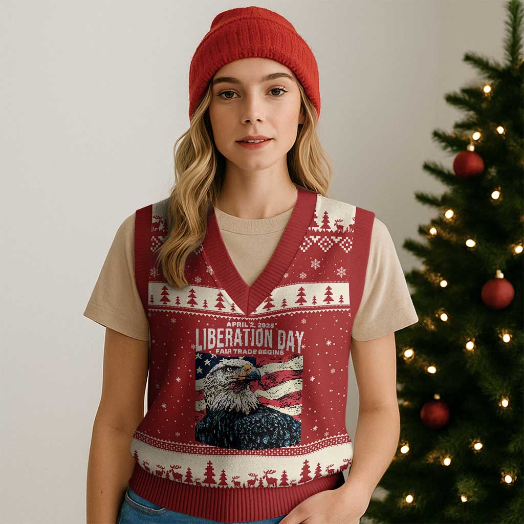 Liberation Day April 2 2025 V-Neck Knit Sweater Vest Fair Trade Patriotic American Eagle USA Flag - Wonder Print Shop