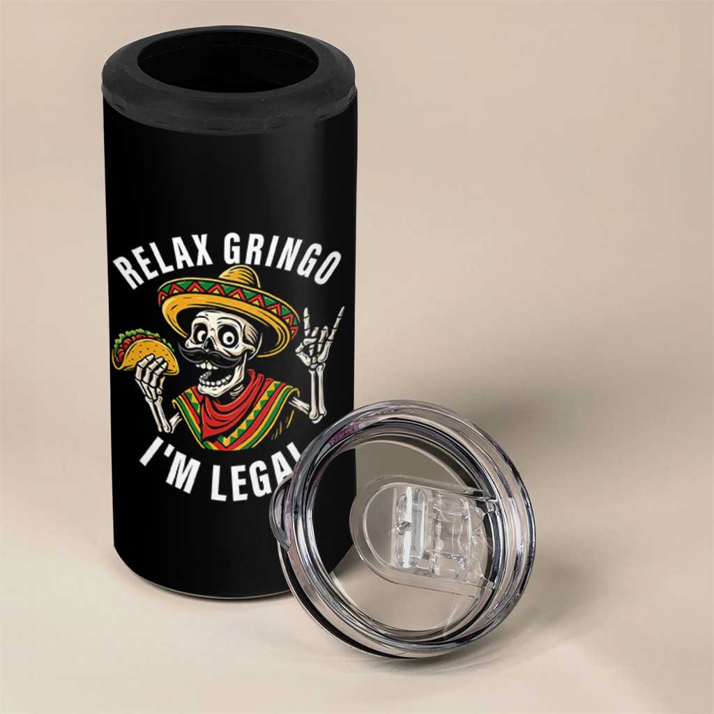 Cinco De Mayo Skeleton 4 in 1 Can Cooler Tumbler Relax Gringo I'm Legal Poncho