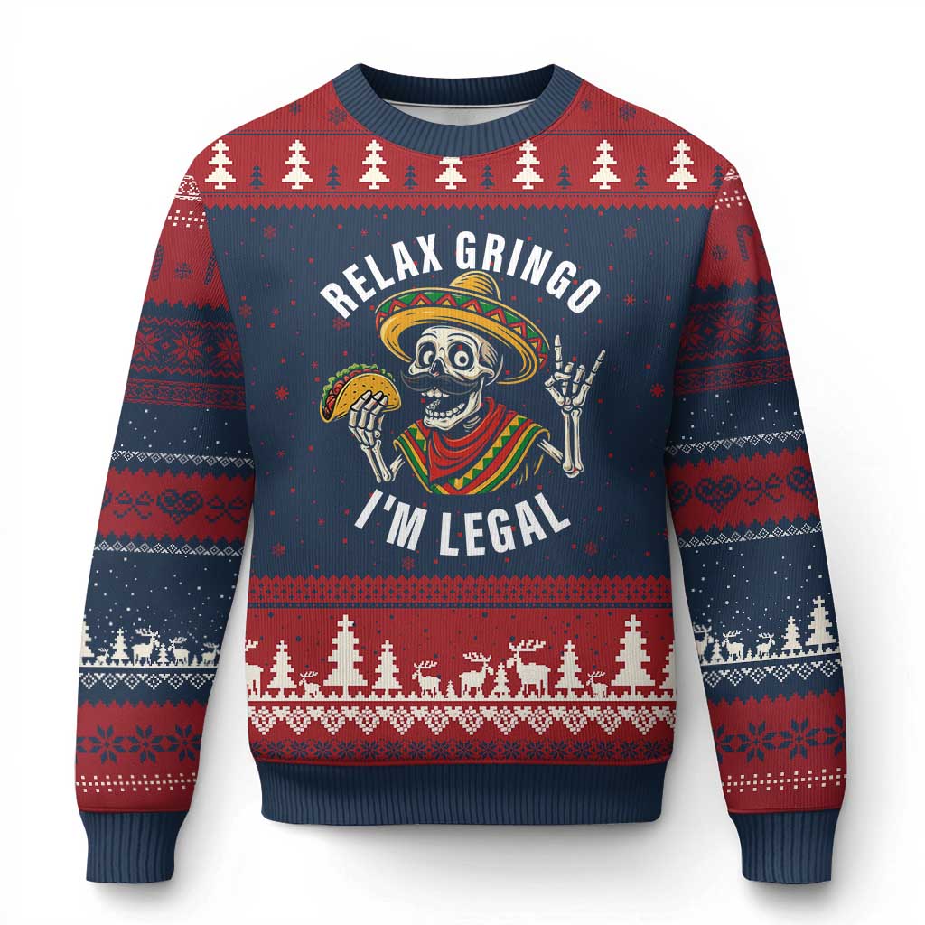 Cinco De Mayo Skeleton Ugly Christmas Sweater Relax Gringo I'm Legal Poncho - Wonder Print Shop