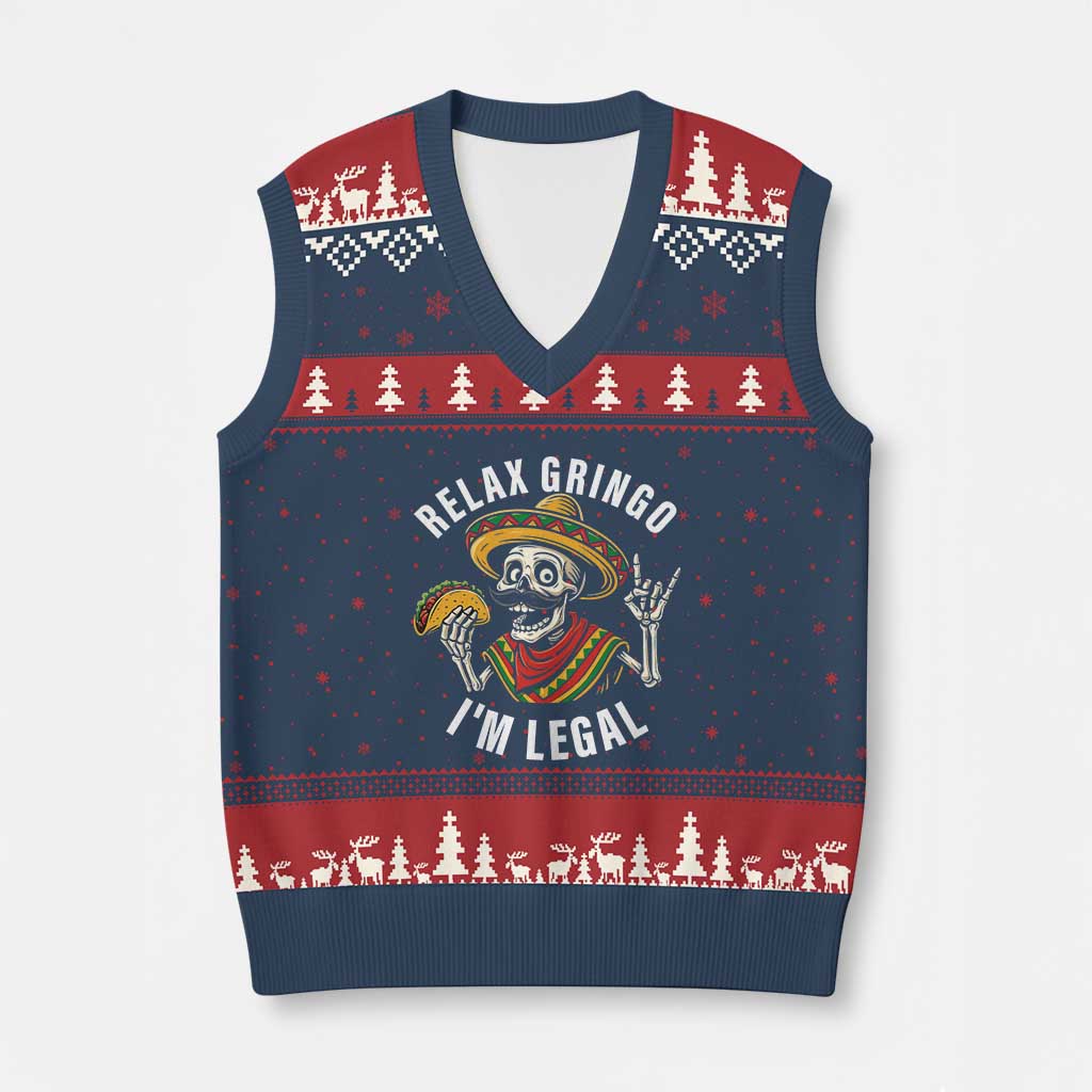 Cinco De Mayo Skeleton V-Neck Knit Sweater Vest Relax Gringo I'm Legal Poncho - Wonder Print Shop