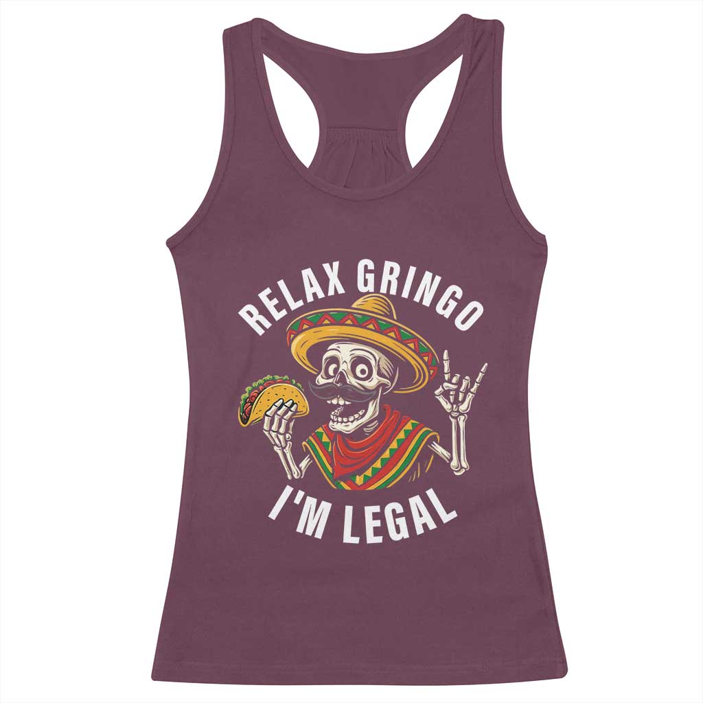 Cinco De Mayo Skeleton Racerback Tank Top Relax Gringo I'm Legal Poncho