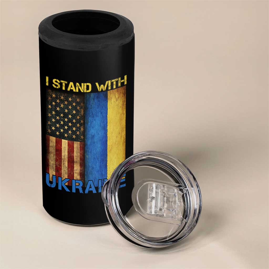 I Stand With Ukraine 4 in 1 Can Cooler Tumbler Ukrainian American Flag