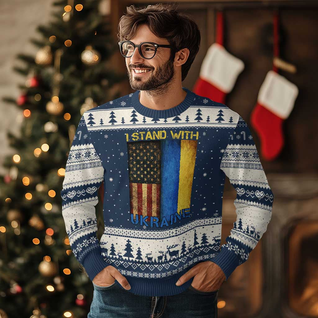 I Stand With Ukraine Ugly Christmas Sweater Ukrainian American Flag - Wonder Print Shop