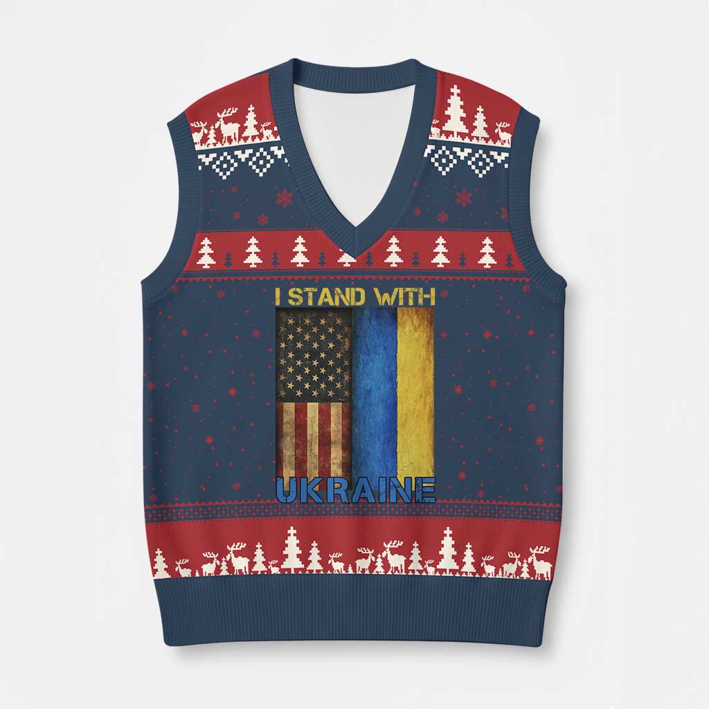 I Stand With Ukraine V-Neck Knit Sweater Vest Ukrainian American Flag - Wonder Print Shop