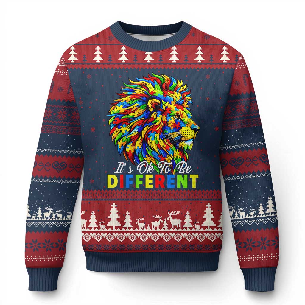 Colorful Autism Acceptance Lion Ugly Christmas Sweater It Is Ok To Be Different Courageous Neurodiversity Support
