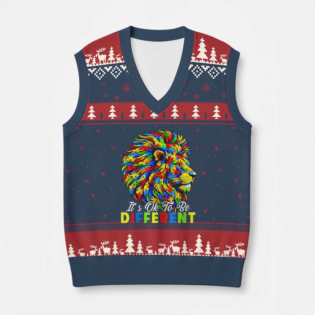 Colorful Autism Acceptance Lion V-Neck Knit Sweater Vest It Is Ok To Be Different Courageous Neurodiversity Support