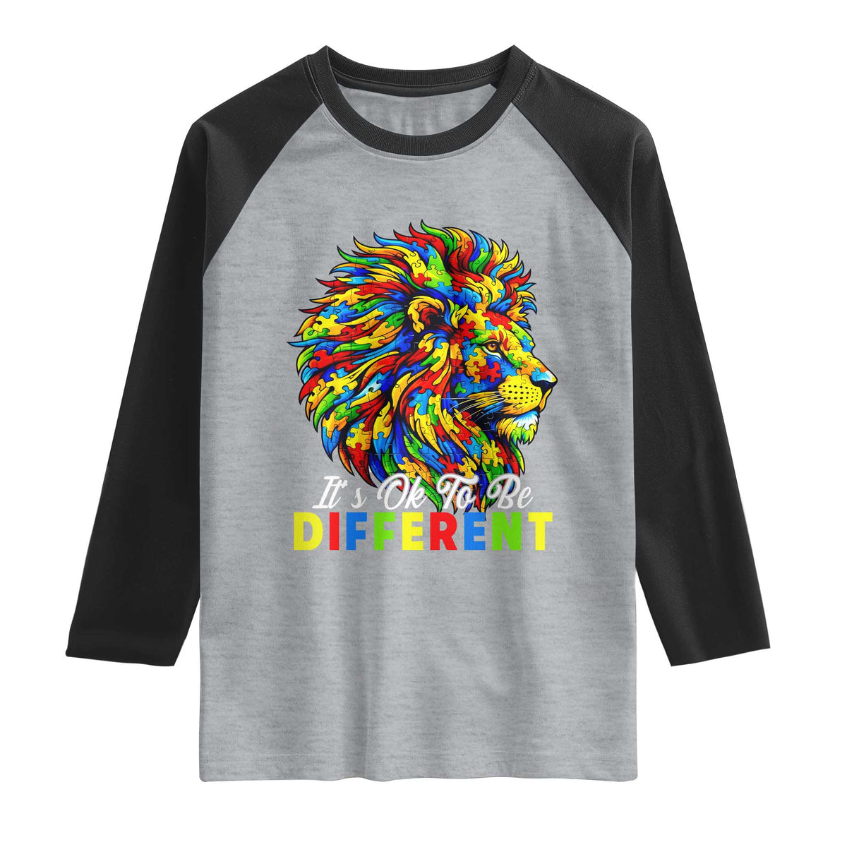 Colorful Autism Acceptance Lion Raglan Shirt It Is Ok To Be Different Courageous Neurodiversity Support
