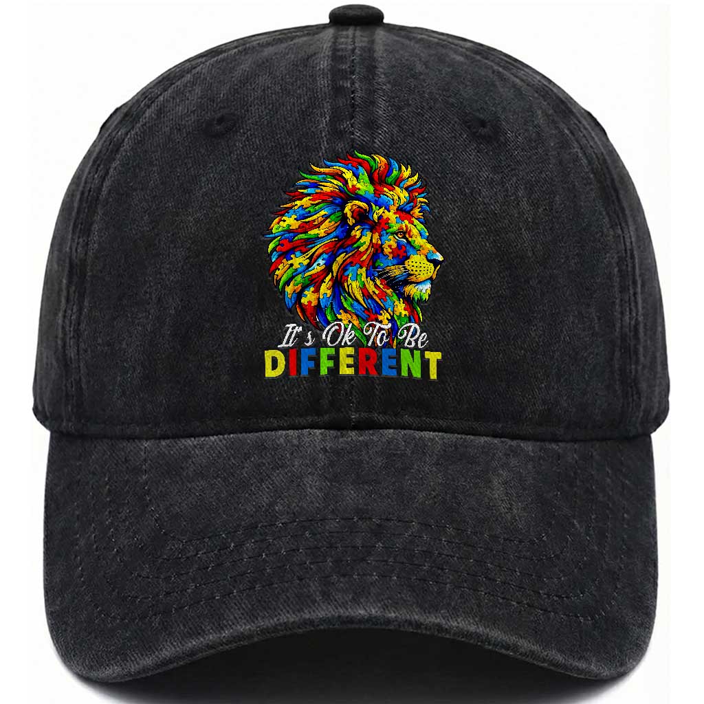 Colorful Autism Acceptance Lion Washed Cotton Baseball Cap It Is Ok To Be Different Courageous Neurodiversity Support