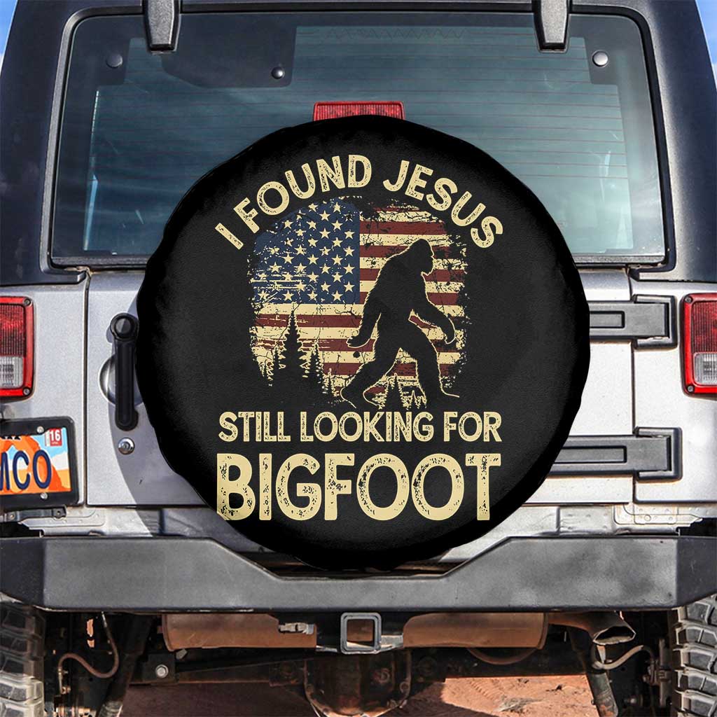 I Found Jesus Still Looking for Bigfoot Patriotic Spare Tire Cover American Flag Christian Religious Sasquatch Vintage