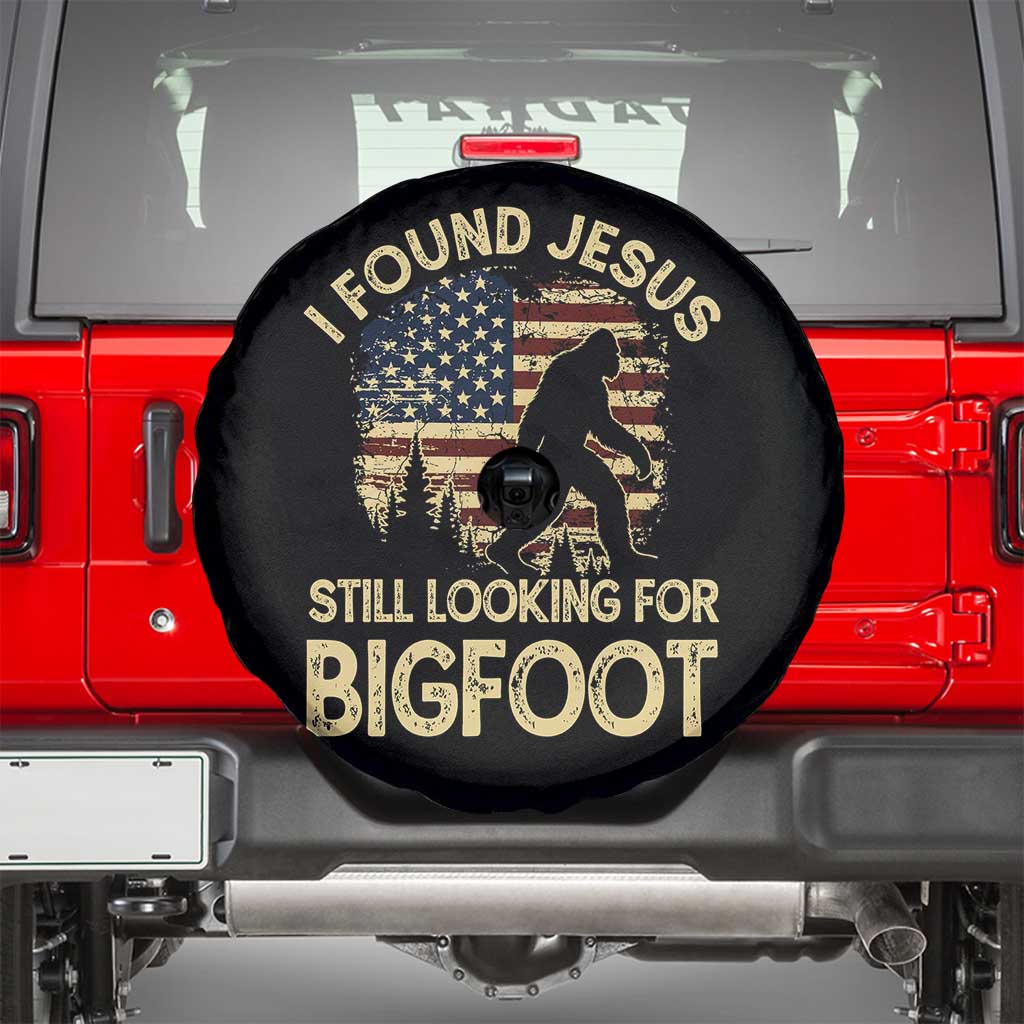 I Found Jesus Still Looking for Bigfoot Patriotic Spare Tire Cover American Flag Christian Religious Sasquatch Vintage