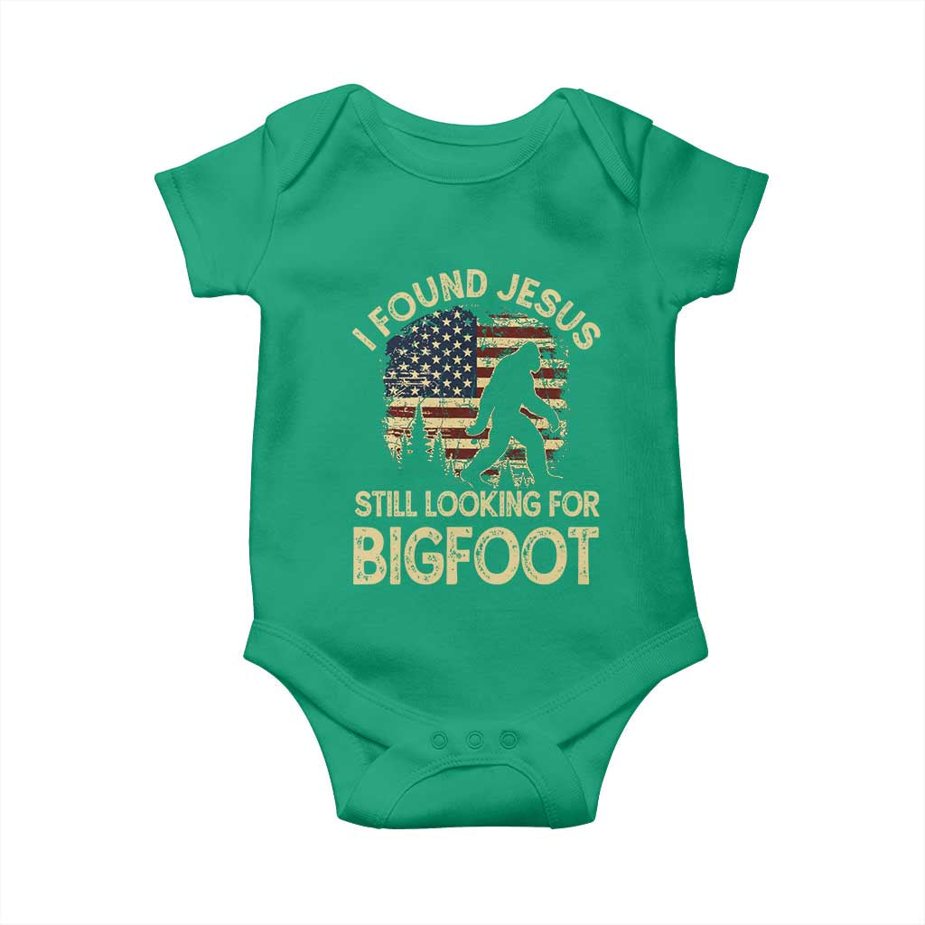 I Found Jesus Still Looking for Bigfoot Patriotic Baby Onesie American Flag Christian Religious Sasquatch Vintage