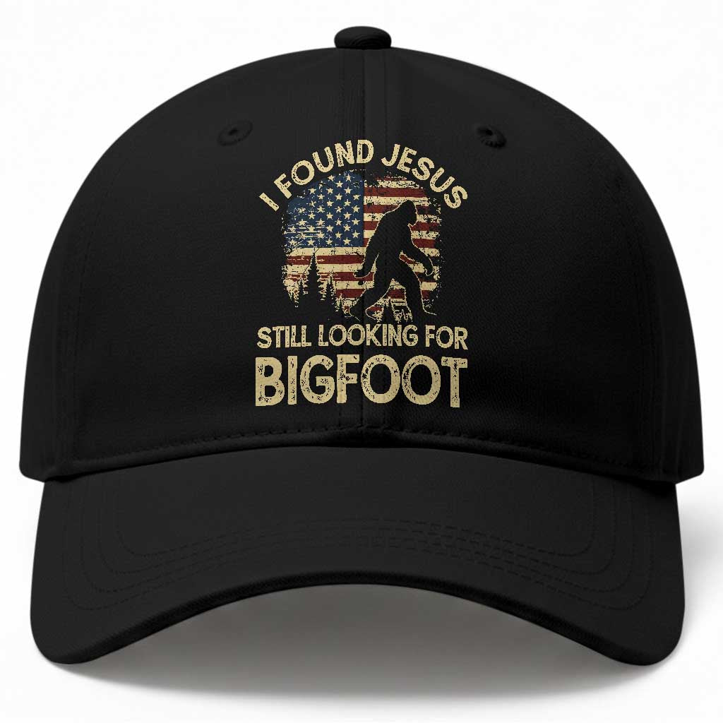 I Found Jesus Still Looking for Bigfoot Patriotic Baseball Cap American Flag Christian Religious Sasquatch Vintage
