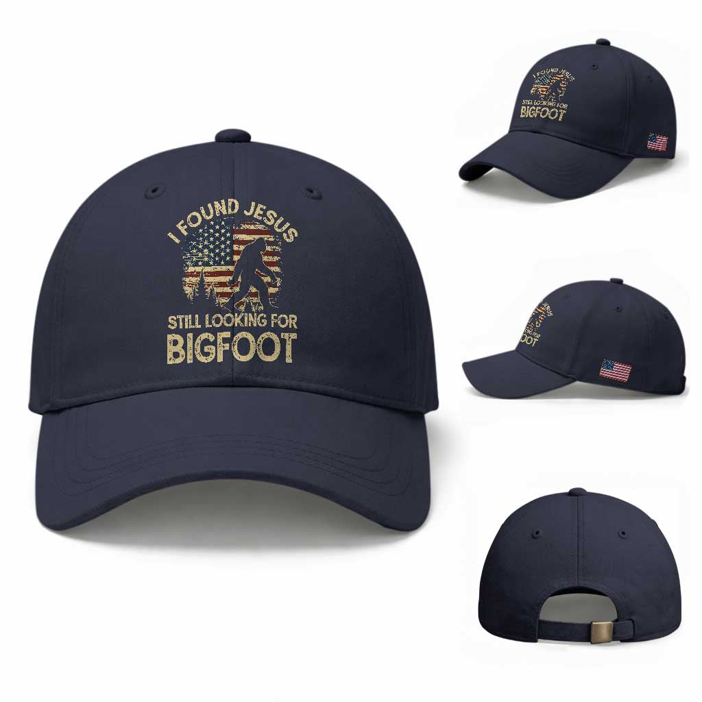I Found Jesus Still Looking for Bigfoot Patriotic Baseball Cap American Flag Christian Religious Sasquatch Vintage