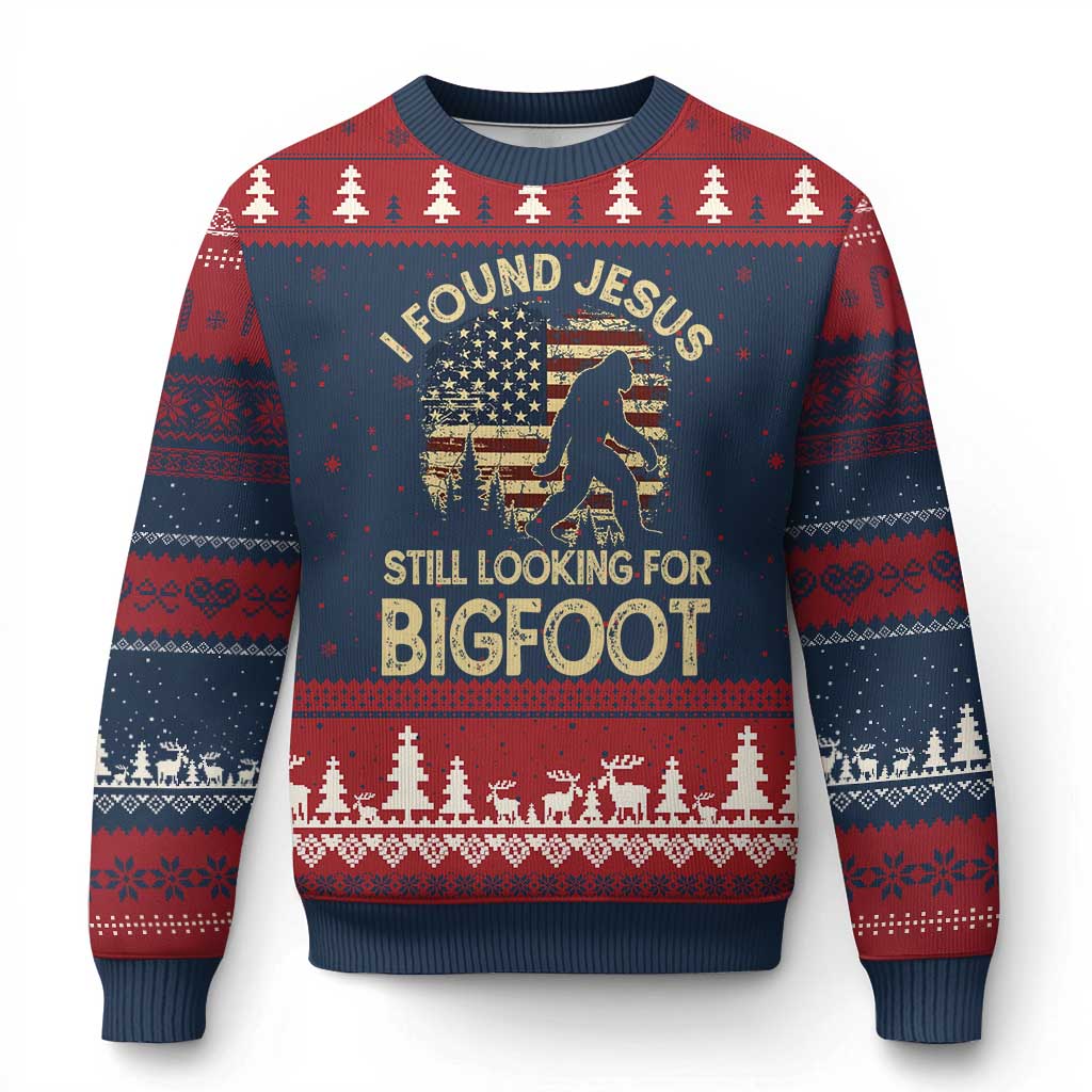 I Found Jesus Still Looking for Bigfoot Patriotic Ugly Christmas Sweater American Flag Christian Religious Sasquatch Vintage