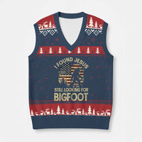 I Found Jesus Still Looking for Bigfoot Patriotic V-Neck Knit Sweater Vest American Flag Christian Religious Sasquatch Vintage