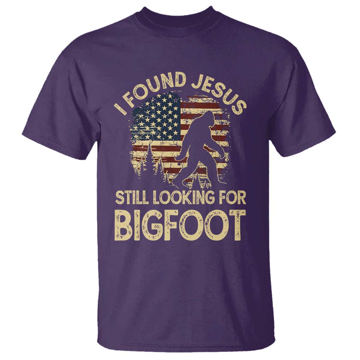I Found Jesus Still Looking for Bigfoot Patriotic T Shirt American Flag Christian Religious Sasquatch Vintage