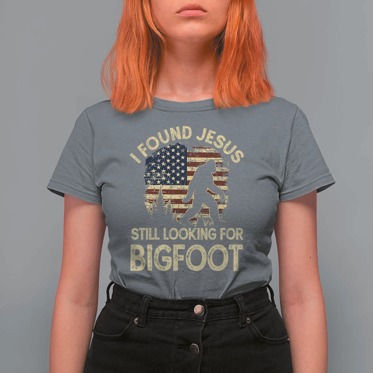 I Found Jesus Still Looking for Bigfoot Patriotic T Shirt For Women American Flag Christian Religious Sasquatch Vintage