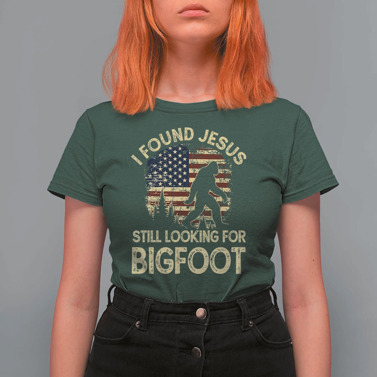 I Found Jesus Still Looking for Bigfoot Patriotic T Shirt For Women American Flag Christian Religious Sasquatch Vintage