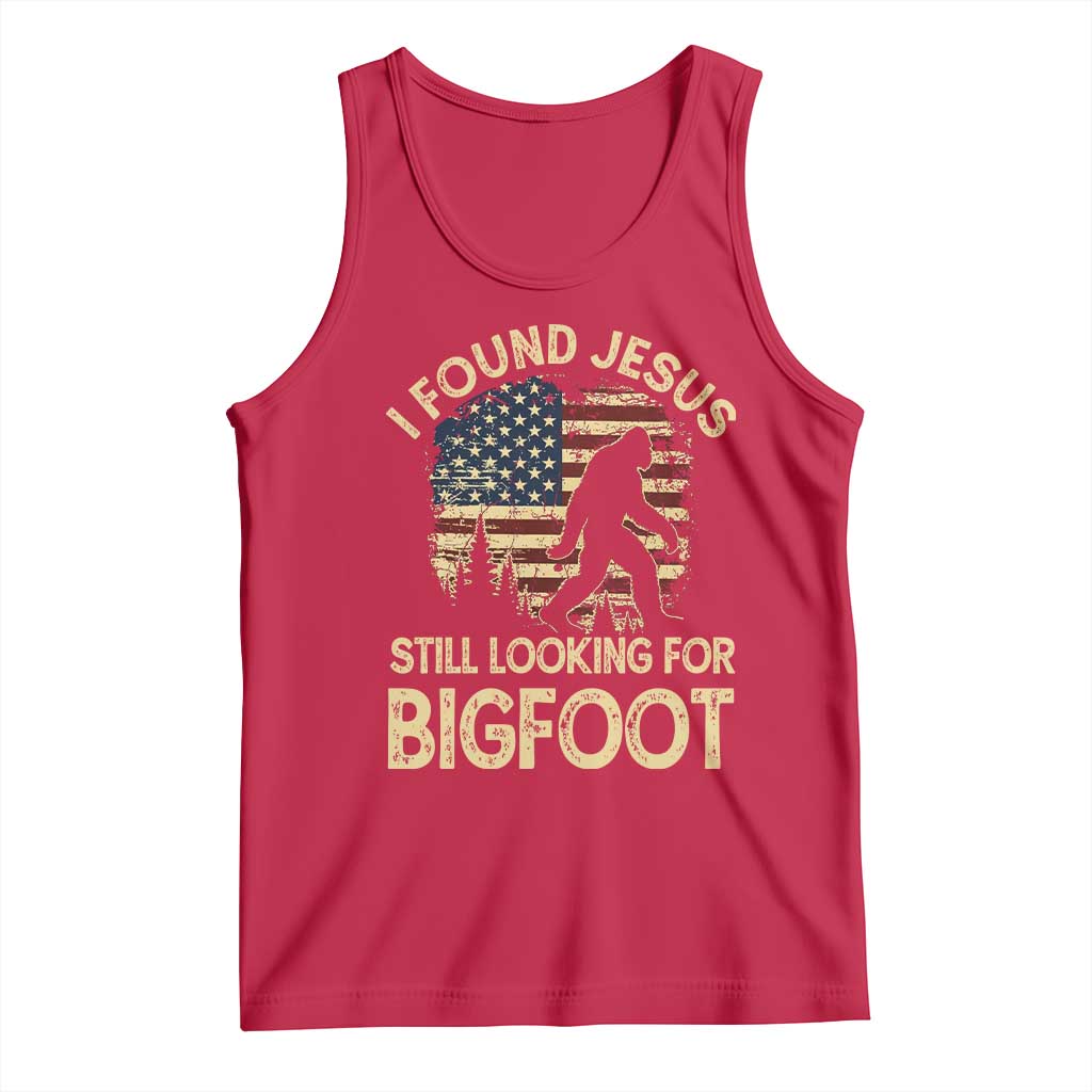 I Found Jesus Still Looking for Bigfoot Patriotic Tank Top American Flag Christian Religious Sasquatch Vintage