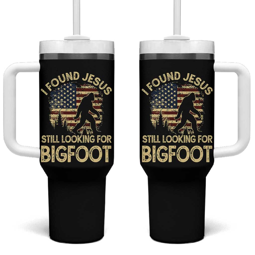 I Found Jesus Still Looking for Bigfoot Patriotic Tumbler With Handle American Flag Christian Religious Sasquatch Vintage