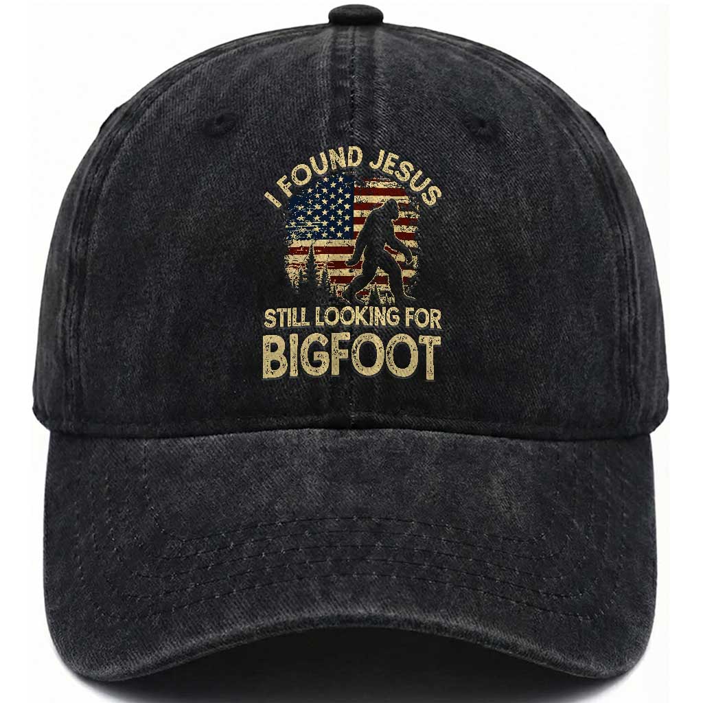I Found Jesus Still Looking for Bigfoot Patriotic Washed Cotton Baseball Cap American Flag Christian Religious Sasquatch Vintage