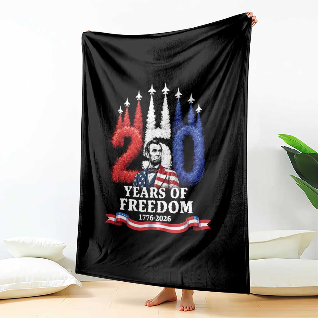 250 Years of Freedom Abraham Lincoln Patriotic Throw Blanket US Fighter Jets Red White and Blue 1776 to 2026 Semiquincentennial