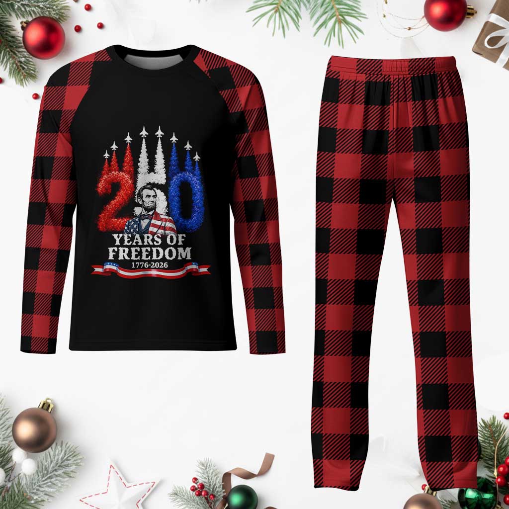 250 Years of Freedom Abraham Lincoln Patriotic Plaid Pajama Set US Fighter Jets Red White and Blue 1776 to 2026 Semiquincentennial