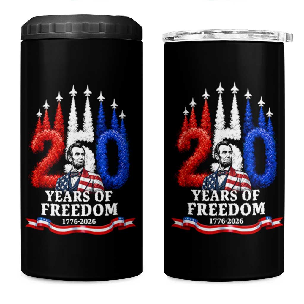 250 Years of Freedom Abraham Lincoln Patriotic 4 in 1 Can Cooler Tumbler US Fighter Jets Red White and Blue 1776 to 2026 Semiquincentennial